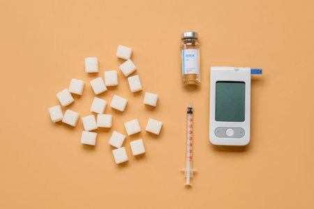 202362228-glucometer-with-insulin-syringe-and-sugar-on-orange-background-diabetes-concept